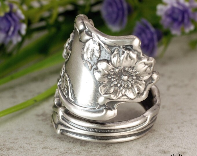 Rose Thicket Wrap Ring, Sterling Wild Rosa Ring, Vintage Spiral Rose Ring, Sterling Silver Rose Ring, Unique Retro Rose Spoon Ring, 2138