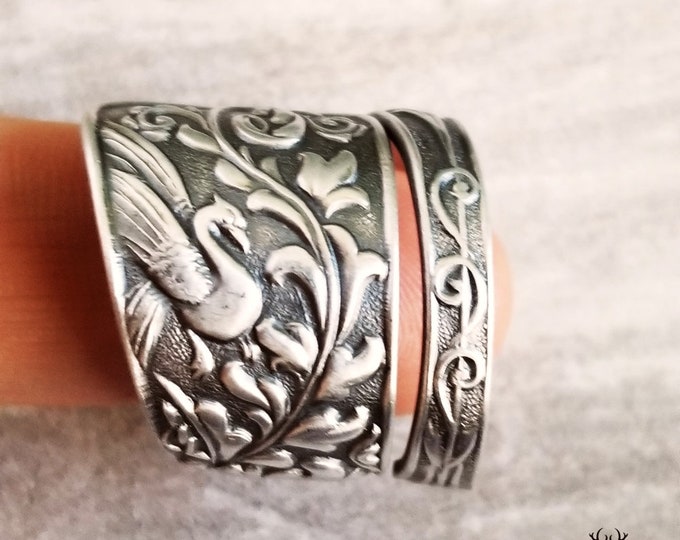 Elegant Avian Ring, Sterling Bird Ring, Sterling Love Birds Ring, Silver Peacock Jewelry, Antique Bird Spoon Ring, Vintage Bird Ring, 1738