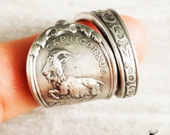 Capricorn Zodiac Goat Ring, Sterling Silver Astrology Ring, Zodiac Wrap Ring, Capricornus Ring, Antique Gorham Astrological Spoon Ring, 837