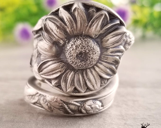 Sterling Sunflower Ring, Sunflower Spoon Ring, Birth Flower Spoon Ring, Vintage Art Nouveau Silver Ring, Vintage Hippie Wildflower Ring, 193