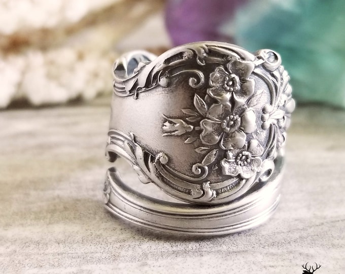 Wild Rose Sterling Silver Wrap Ring, Vintage Silver Rose Blossom Ring, Sterling Springtime Spiral Ring, Antique Floral Spoon Ring, 1528