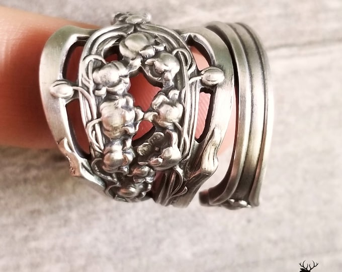 Lily of the Valley Sterling Ring, Vintage Floral Wrap Ring, Spring Lily Spiral Ring, Antique Silver Lily Flower Spoon Ring, 928