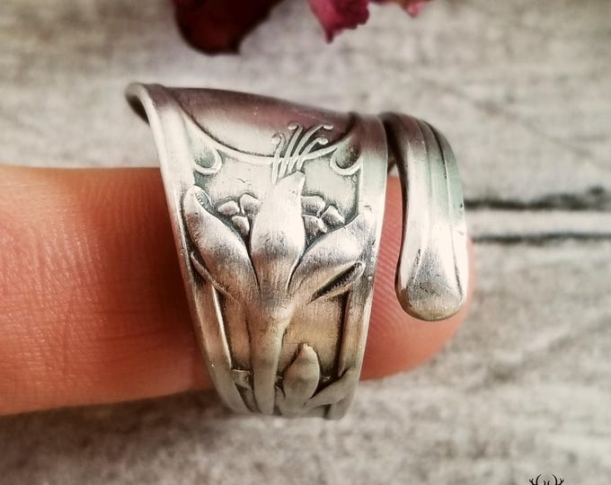 Fuchsia Sterling Bloom Ring, Silver Art Nouveau Wrap Ring, Floral Spoon Ring, Vintage Spoon Jewelry, Flower Sterling Silver Spoon Ring, 1259
