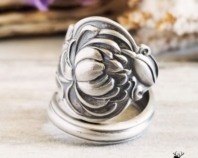 Sterling Lotus Wrap Ring, Waterlily Bloom Ring, Vintage Floral Ring, Vintage Flower Jewelry, Antique Sterling Silver Flower Spoon Ring, 818