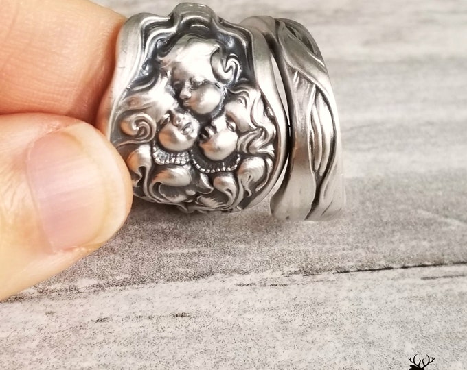 Rare Vintage Cupid Wrap Ring, Angelic Cupid Sterling Spiral Ring, .925 Unger Ring, Vintage Spoon Jewelry, Sterling Silver Spoon Ring 1388
