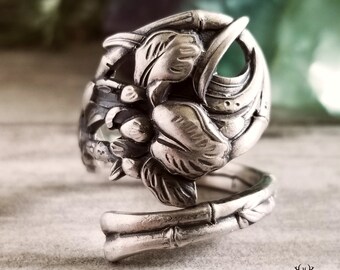 Iris Flower Spoon Ring, Antique Sterling Spoon Ring, Vintage Floral Spoon Ring, Sterling Silver Spoon Ring, Unique Botanical Ring, 509