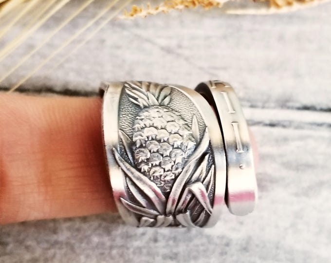 Tropical Pineapple Wrap Ring, Sterling Ananas Comosus Ring, Vintage Hawaii Ring, Art Nouveau Sterling Spoon Ring, Pineapple Jewelry, 1972
