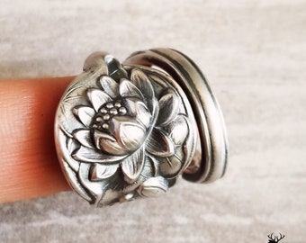 Sterling Lotus Wrap Ring, Vintage Water Lily Ring, Sterling Lotus Bloom Ring, Vintage Boho Ring, Antique Sterling Silver Spoon Ring, 207