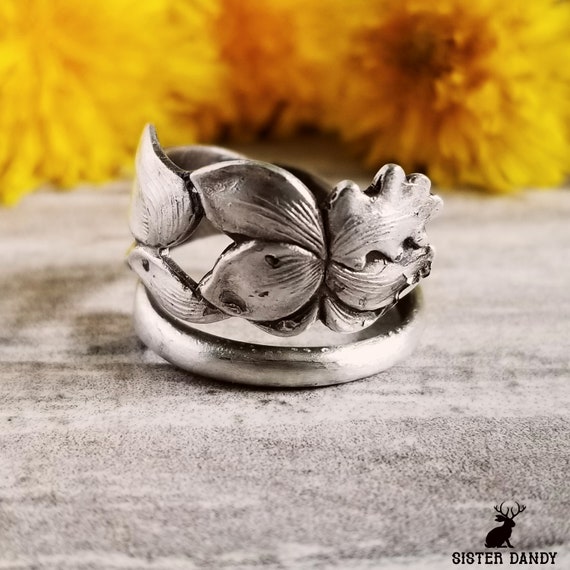 Dainty Iris Sterling Flower Spoon Ring, Vintage Floral Silver