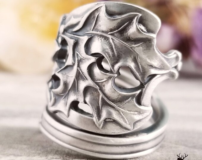 Holly Silver Ring, Art Nouveau Holly Sterling Spoon Ring, Mistletoe Spoon Ring, Antique Christmas Silver Ring, Plant Spoon Ring, 247