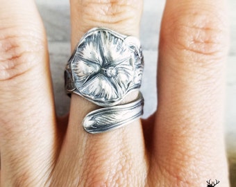 Morning Glory Sterling Spoon Ring, Art Nouveau Spoon Ring, Floral Spoon Ring, Vintage Spoon Jewelry, Flower Sterling Silver Spoon Ring, 241