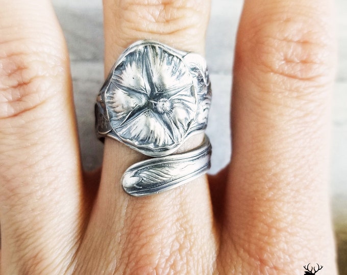 Morning Glory Sterling Spoon Ring, Art Nouveau Spoon Ring, Floral Spoon Ring, Vintage Spoon Jewelry, Flower Sterling Silver Spoon Ring, 241