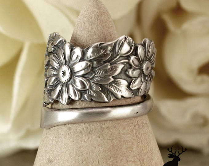 Art Nouveau Daisy Ring, Sterling Spring Daisies Ring, Wildflower Wrap Ring, Antique Sterling Silver Ring Nature-Inspired Spoon Ring, 2402