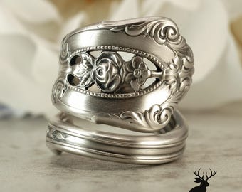 Wide Rosepoint Wrap Ring, Boho Rose Spiral Ring, Vintage Silver Ring, Victorian Vintage Spoon Jewelry, Sterling Silver Spoon Ring, 1213W