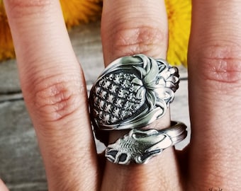 Pineapple Wrap Ring, Pineapple Sterling Silver Ring, Vintage Tropical Fruit Ring, Art Nouveau Tropical Spoon Ring, Pineapple Jewelry, 1637