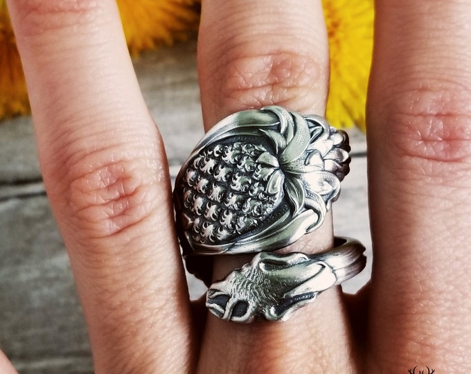 Pineapple Wrap Ring, Pineapple Sterling Silver Ring, Vintage Tropical Fruit Ring, Art Nouveau Tropical Spoon Ring, Pineapple Jewelry, 1637
