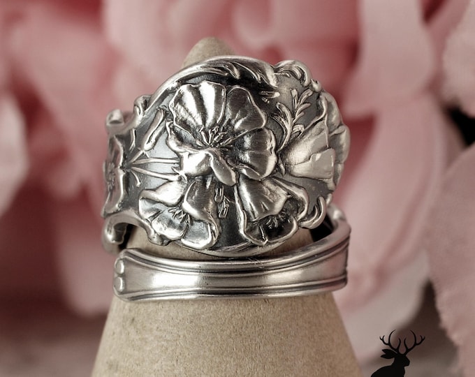 Sterling Poppy Wrap Ring, Poppies Wildflower Ring, Sterling Silver Flower Spoon Ring, Unique Gift, 1460