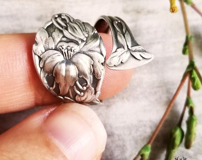Columbine Flower Spoon Ring, Art Noveau Silver Spoon Ring, Flower Spoon Ring, Vintage Floral Spoon Jewelry, Sterling Silver Spoon Ring, 339