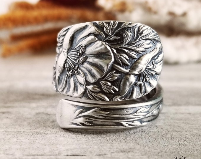 Sterling Poppy Wildflower Ring, Floral Poppy Sterling Ring, Vintage Flower Ring, Art Nouveau Sterling Silver Flower Spoon Ring, Unique, 1541
