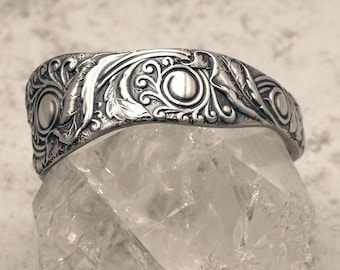 Sterling Silver Botanical Floral Bloom Bracelet, Antique Silver Flowers & Foliage Bracelet, Nature-Inspired Victorian Bracelet, 205BR