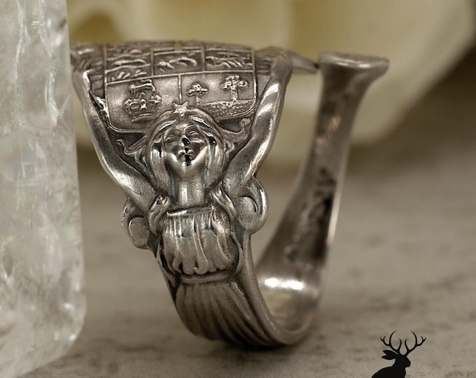 Goddess Canada Wrap Ring, Athena Crest Spiral Ring, Coat of Arms Goddess Ring, Canadian Sterling Silver Souvenir Spoon Ring, 2464