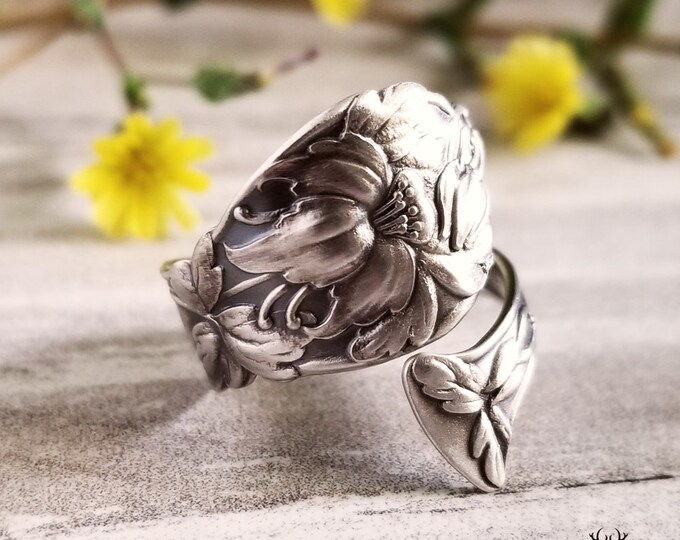 Columbine Flower Spoon Ring, Art Noveau Silver Spoon Ring, Flower Spoon Ring, Vintage Floral Spoon Jewelry, Sterling Silver Spoon Ring, 339