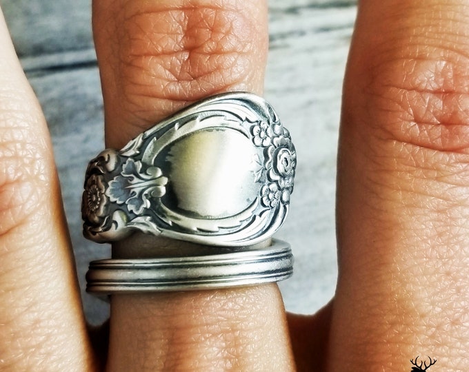 Wild Rose Sterling Silver Wrap Ring, Rose Blossom Sterling Spiral Ring, Vintage Silver Rose Flower Ring, Antique Floral Spoon Ring, 1007