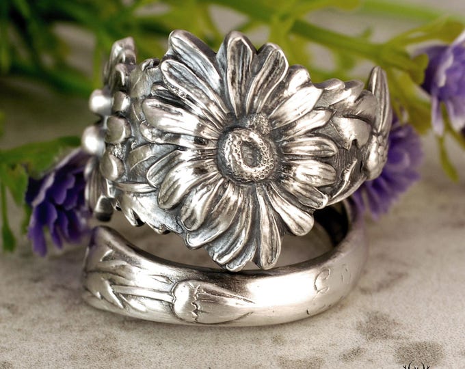Art Nouveau Daisy Bloom Ring, Sterling Daisy Wrap Ring, Vintage Silver Marguerite Ring, Vintage Floral Nature Inspired Spoon Ring, 2253