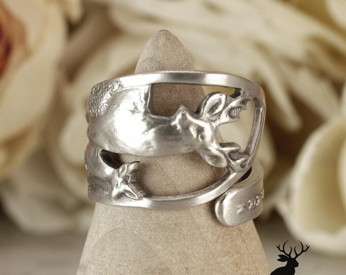 Sterling Stag Wrap Ring, Yellowstone Elk Silver Ring, Sterling Silver Deer Ring, Deer Hunter Silver Ring, Rocky Mountain Spoon Ring, 458D