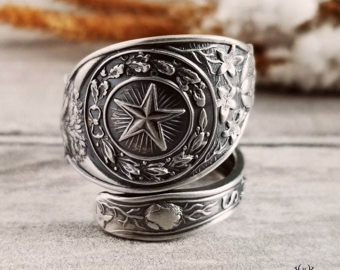 Texas State Ring, Sterling Texas Steer Ring, Sterling Spoon Ring, Lone Star State Ring, Southwest Ring, Vintage Sovenir Spoon Ring, 1855