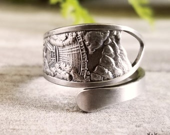 Hoover Dam Wrap Ring, Adjustable Sterling Ring, Unique Nevada Ring, Vintage Souvenir Spiral Ring, Antique Sterling Travel Spoon Ring, 1283B