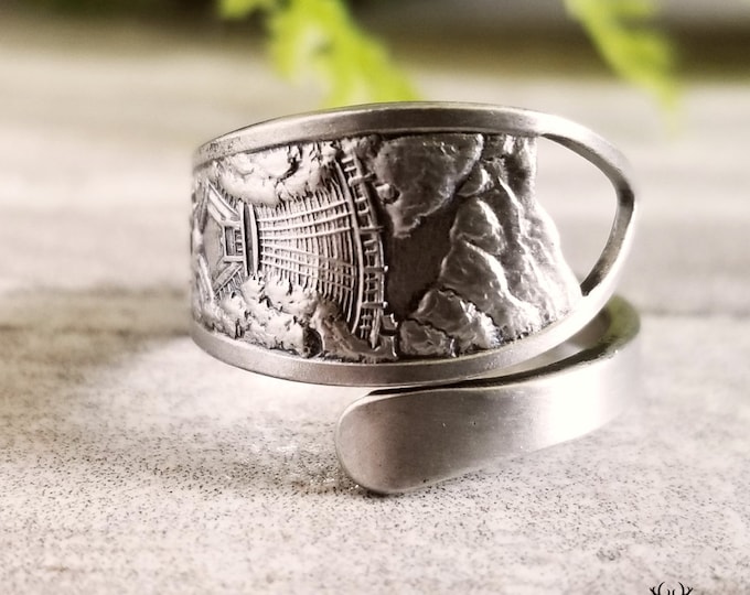 Hoover Dam Wrap Ring, Adjustable Sterling Ring, Unique Nevada Ring, Vintage Souvenir Spiral Ring, Antique Sterling Travel Spoon Ring, 1283B