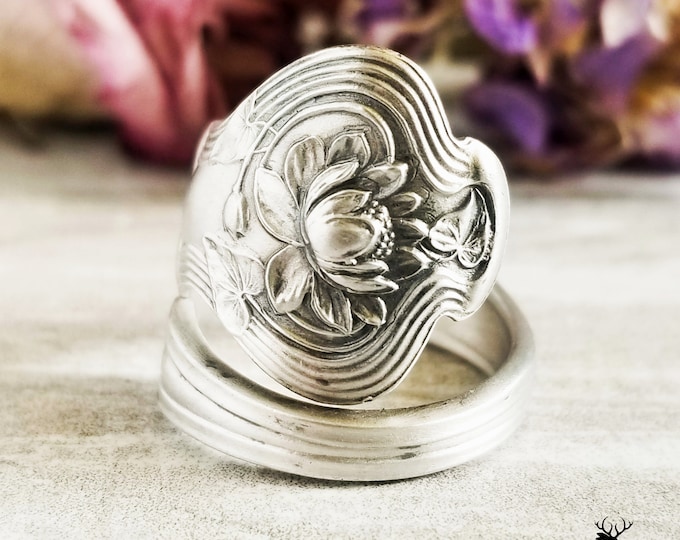 Sterling Waterlily Wrap Ring, Lotus Spoon Ring, Art Nouveau Silver Flower Ring, Vintage Floral Spoon Ring, Vintage Flower Jewelry, 111