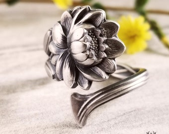 Art Nouveau Waterlily Spoon Ring, Sterling Lotus Spoon Ring, Vintage Floral Spoon Ring, Vintage Flower Jewelry, Lotus Silver Ring, 1427