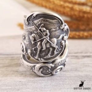 Warrior on Horseback Ring, Colorado Silver Ring, Sterling Cowboy Ring, Southwest Ring, Vintage Souvenir Silver Spoon Ring, 1116