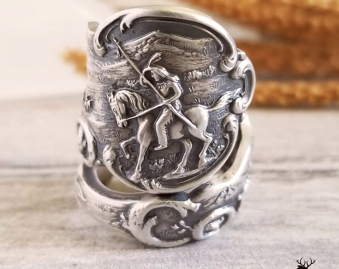 Warrior on Horseback Ring, Colorado Silver Ring, Sterling Cowboy Ring, Southwest Ring, Vintage Souvenir Silver Spoon Ring, 1116