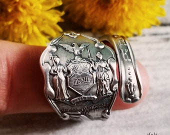 New York Sterling Wrap Ring, Adjustable NYC Spiral Ring, Vintage New York Fashion Ring, NY Souvenir Ring, Antique Silver Spoon Ring, 1926