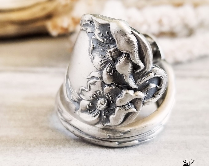 Sterling Wildflower Poppies Wrap Ring, Floral Spiral Ring, Vintage Spring Flower Ring, Art Nouveau Sterling Silver Flower Spoon Ring, 1060