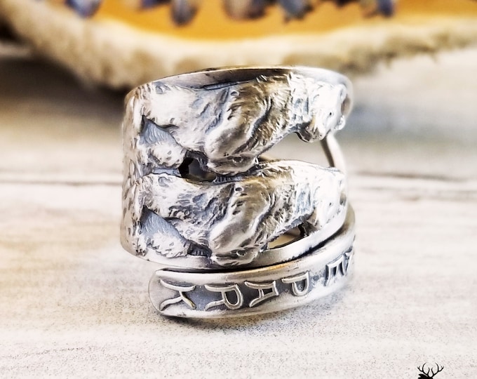 Sterling Yellowstone NP Ring, Silver Bear Cub Wrap Ring, Sterling Silver Bear Ring, Grizzly Bear Silver Ring, Teddy Bear Spoon Ring, 895