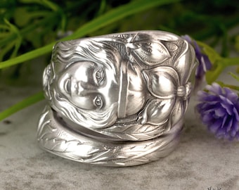Rare Sterling Goddess Persephone Wrap Ring, Silver Daffodil Goddess Ring, Vintage Art Nouveau Kore Ring, Greek Goddess Spoon Ring, 1862