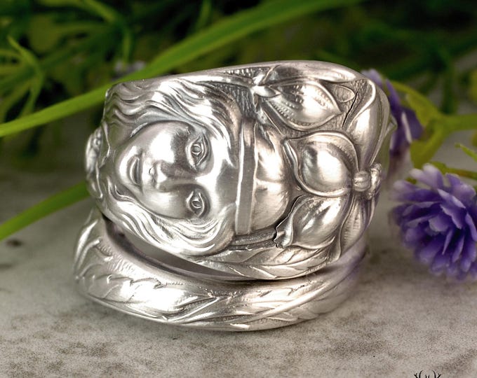 Rare Sterling Goddess Persephone Wrap Ring, Silver Daffodil Goddess Ring, Vintage Art Nouveau Kore Ring, Greek Goddess Spoon Ring, 1862