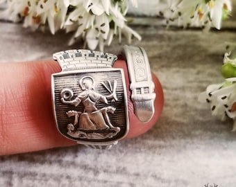 Oslo Norway Ring, Shield Ring, Sterling Heraldic Ring, Sterling Spoon Ring, Medieval Ring, Vintage Spoon Ring, Silver Knight Ring, 1908