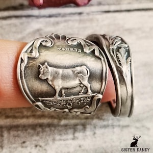 Unique Taurus Zodiac Ring, Wide Sterling Silver Bull Ring, Zodiac Wrap Ring, Taurus Silver Spoon Ring, Antique Silver Astrology Ring, 2016