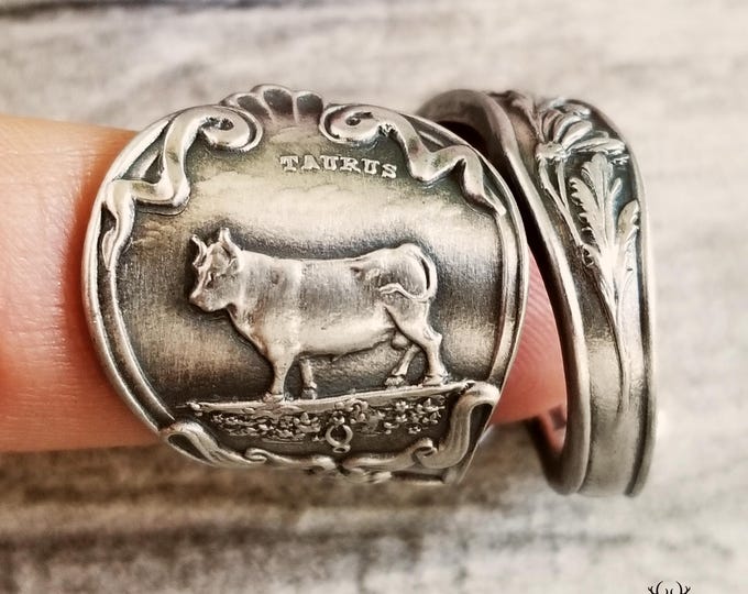 Unique Taurus Zodiac Ring, Wide Sterling Silver Bull Ring, Zodiac Wrap Ring, Taurus Silver Spoon Ring, Antique Silver Astrology Ring, 2016