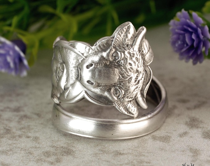 Sterling Farm Animal Wrap Ring, Sterling Cow Sheep Pig Ring, Vintage Jewelry, Unique Agriculture Ring, Nature Inspired Spoon Ring, 2244