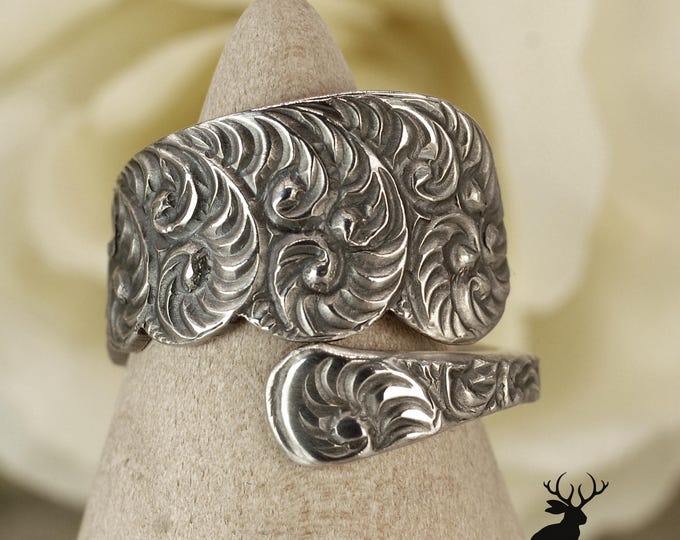 Sterling Silver Wave Wrap Ring, Scroll Spiral Ring, Vintage Rococo Swirl Ring, Silver Flourish Ring, Art Nouveau Spoon Ring, 2477