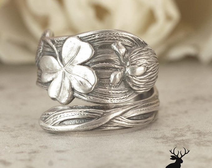 Sterling Clover Shamrock Ring, Lucky Clover Wrap Ring, Celtic Clover Ring, Irish Clover Ring, Sterling Silver Clover Spoon Ring, 2256