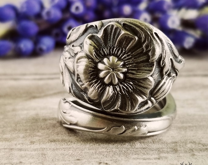 Sterling Poppy Ring, Wild Poppy Sterling Spoon Ring, Vintage Flower Spoon Ring, Vintage Floral Spoon, Sterling Silver Spoon Ring, Gift, 724B