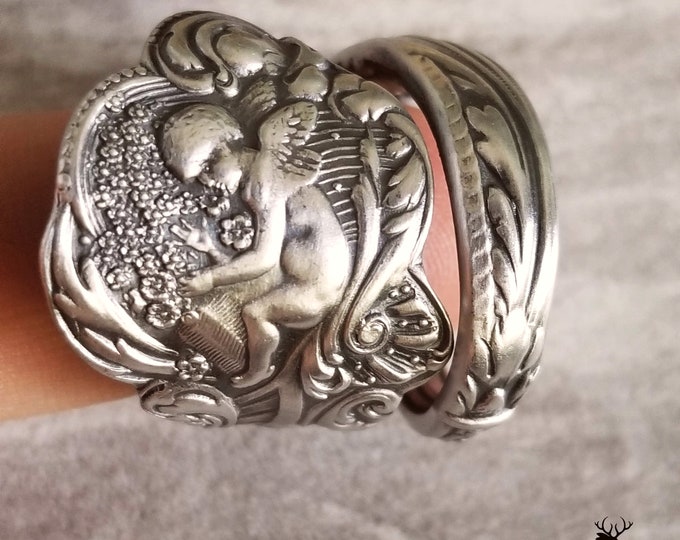 Sterling Gorham Cupid & Flowers Wrap Ring, Angelic Cherub Sterling Silver Spiral Ring, Vintage Sterling Silver Spoon Ring, 1261