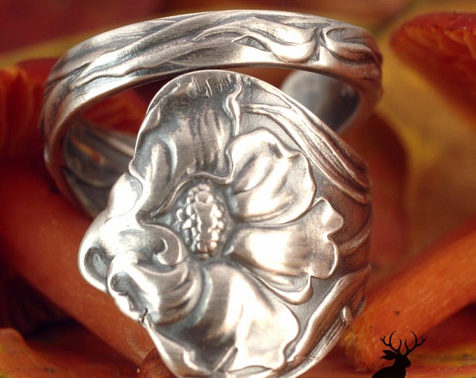 Sterling Poppy Wrap Ring, Silver Wildflower Bloom Ring, Vintage Papaver Spiral Ring, Antique Blossom Ring, Sterling Silver Spoon Ring, 2299